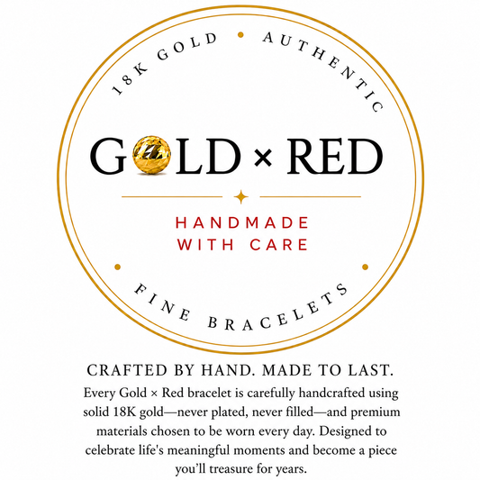 GOLD×RED circular logo: 18K Gold Authentic, Handmade with Care, Fine Bracelets, crafted by hand in solid 18K gold