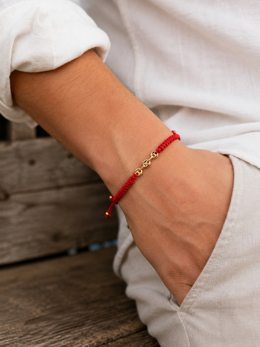 18K Solid Gold Mariner Link Bracelet | Snake Weave Red Cord | Good Luck Bracelet | Handmade in Miami, Florida