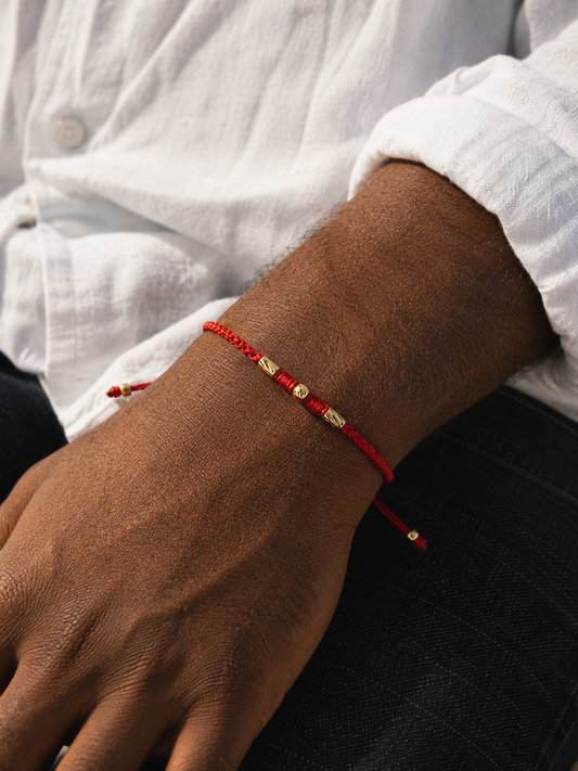 18K Solid Gold Diamond-Cut Bead & Tube Bracelet, 4mm | Braided Red Cord | Good Luck Bracelet | Handmade in Miami, Florida