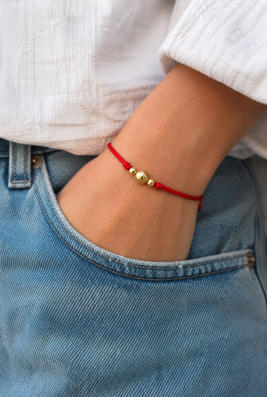 18K Solid Gold Smooth Triple Bead Bracelet, 5mm | Red String Cord | Minimalist Bracelet | Handmade in Miami, Florida
