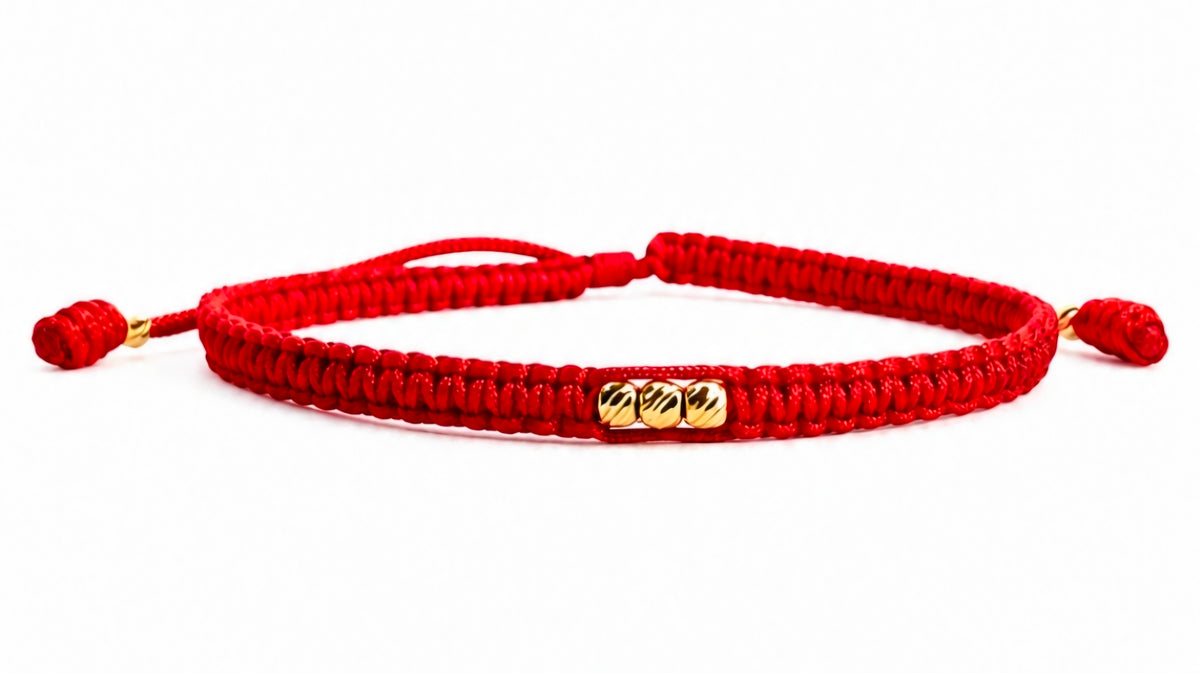 18K Solid Gold Diamond-Cut Triple Bead Bracelet, Petite | Macramé Red Cord | Handmade in Miami, FL