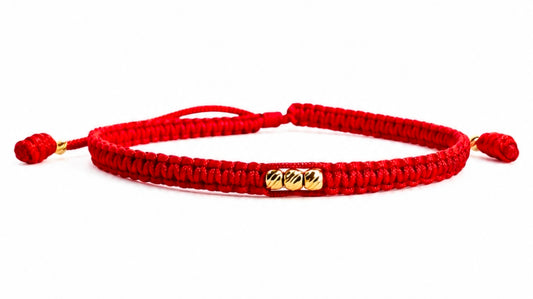 18K Solid Gold Diamond-Cut Triple Bead Bracelet, Petite | Macramé Red Cord | Handmade in Miami, FL