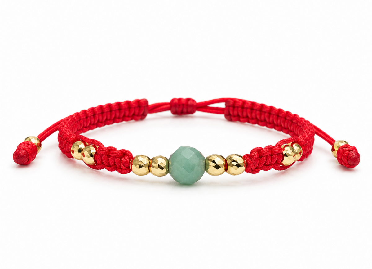 18K Solid Gold × Raw Emerald Baby Bracelet, 10 Gold Beads | One of One | Macramé Red Cord | Handmade in Miami, FL