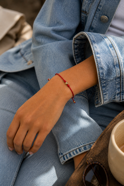 18K Solid Gold Single Bead Bracelet | Red String | Good Luck Bracelet | Handmade in Miami, Florida