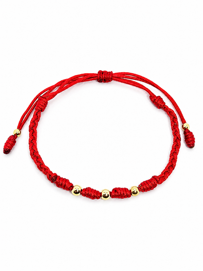 18K Solid Gold Smooth Triple Bead Bracelet, 4mm | Braided Red Cord | Minimalist Bracelet | Handmade in Miami, Florida