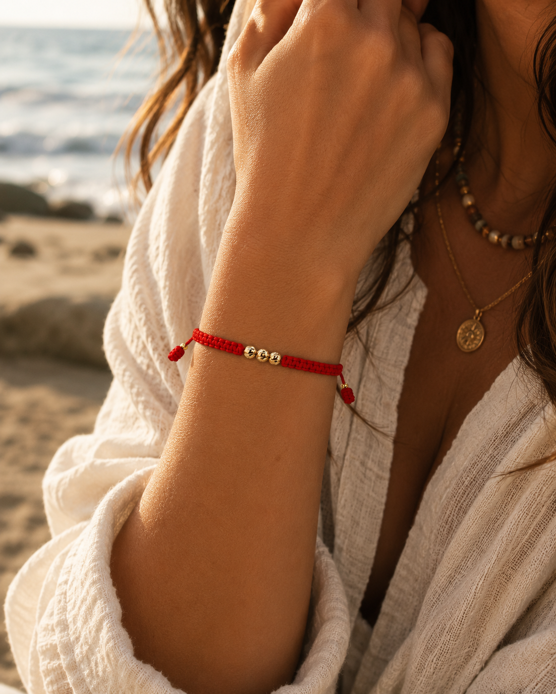 18K Solid Gold Diamond-Cut Triple Bead Bracelet, 4mm | Macramé Cord | Good Luck Bracelet | Handmade in Miami, Florida