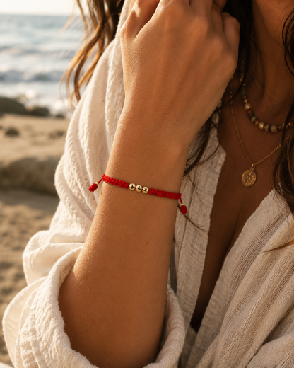 18K Solid Gold Diamond-Cut Triple Bead Bracelet, 4mm | Macramé Cord | Good Luck Bracelet | Handmade in Miami, Florida