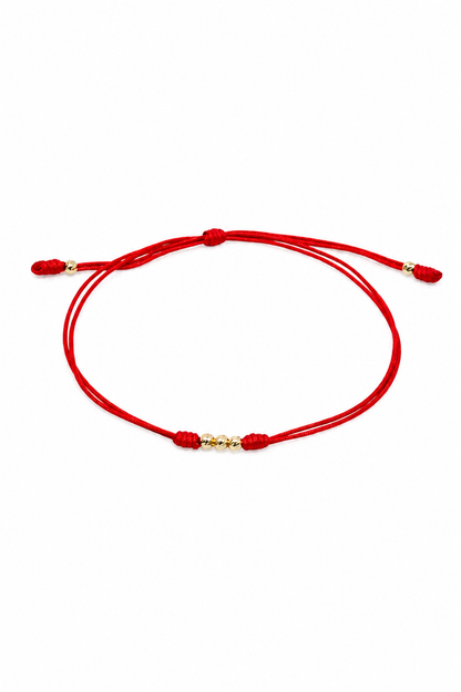 18K Solid Gold Diamond-Cut Triple Bead Bracelet | Double Red String Cord | Good Luck Bracelet | Handmade in Miami, Florida