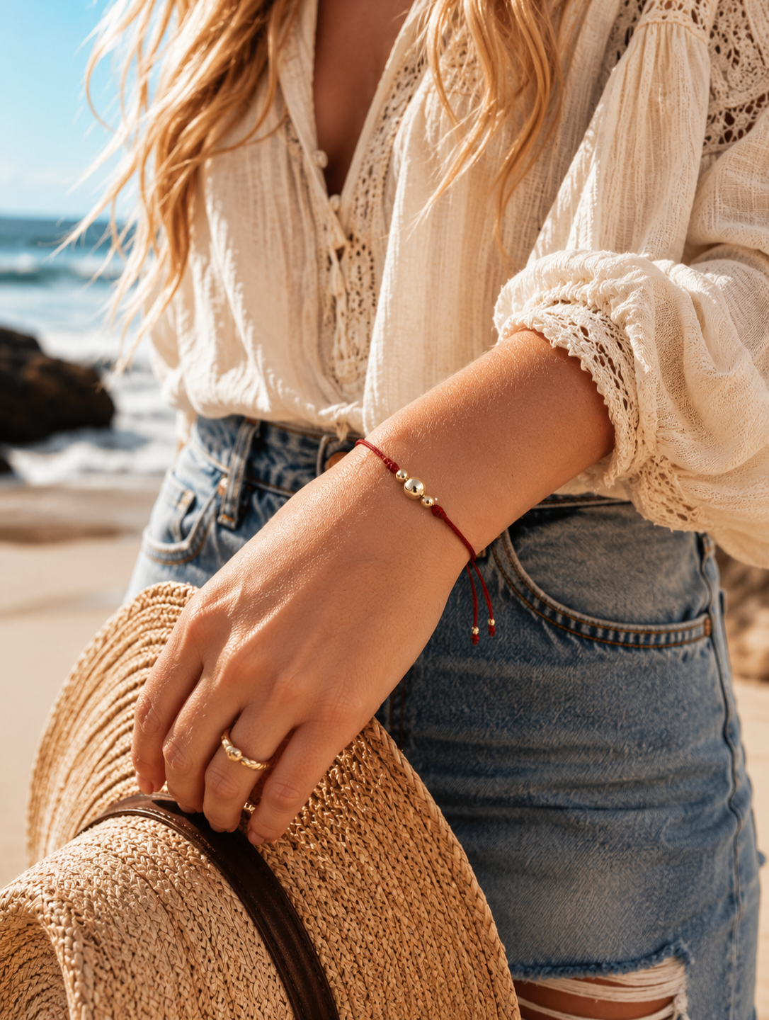 18K Solid Gold Smooth Triple Bead Bracelet, 5mm | Red String Cord | Minimalist Bracelet | Handmade in Miami, Florida
