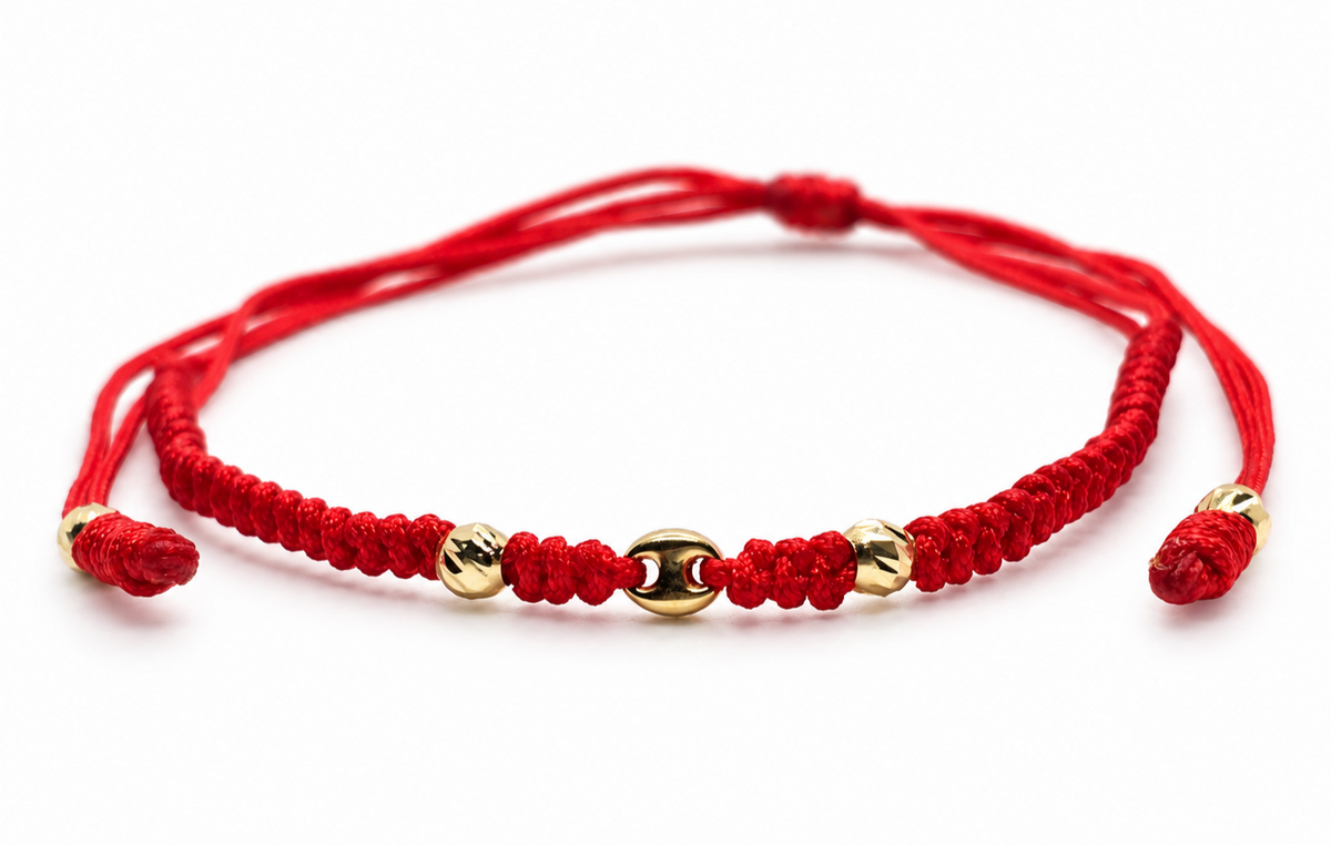 18K Solid Gold Diamond-Cut Bead & Mariner Link Bracelet | Macramé Red Cord | Handmade in Miami, FL