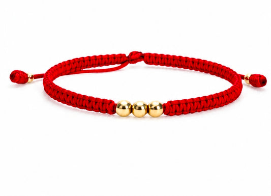 18K Solid Gold Smooth Triple Bead Bracelet, Classic | Macramé Red Cord | Handmade in Miami, FL