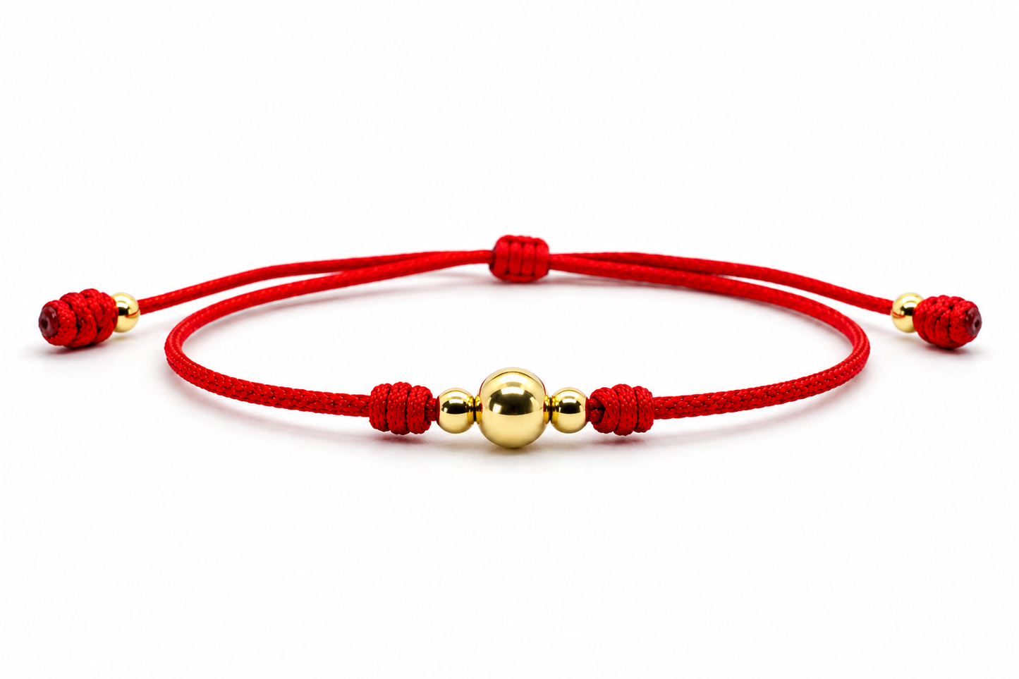 18K Solid Gold Smooth Triple Bead Bracelet, 5mm | Red String Cord | Minimalist Bracelet | Handmade in Miami, Florida