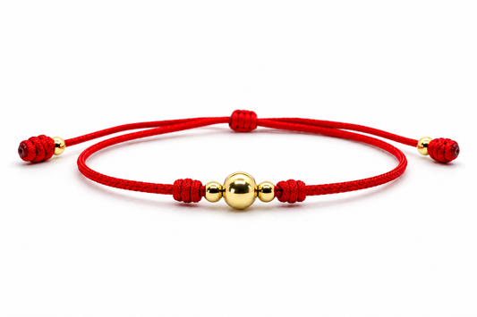 18K Solid Gold Smooth Triple Bead Bracelet, 5mm | Red String Cord | Minimalist Bracelet | Handmade in Miami, Florida