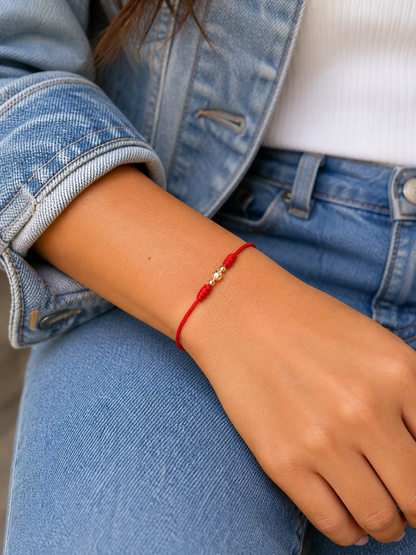 18K Solid Gold Diamond-Cut Triple Bead Bracelet, 5mm | Macramé Cord | Good Luck Bracelet | Handmade in Miami, Florida