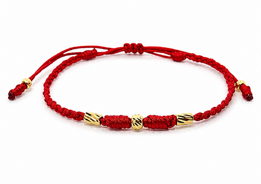 18K Solid Gold Diamond-Cut Bead & Tube Bracelet, 4mm | Braided Red Cord | Good Luck Bracelet | Handmade in Miami, Florida