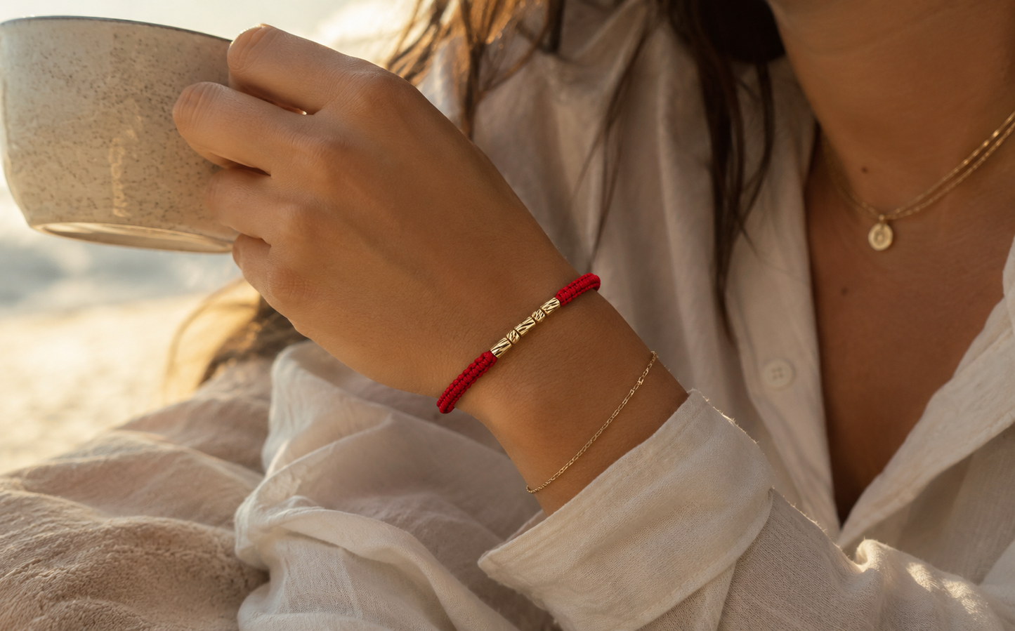 18K Solid Gold Diamond-Cut Bead & Tube Bracelet | Macramé Cord | Protection Bracelet | Handmade in Miami, Florida