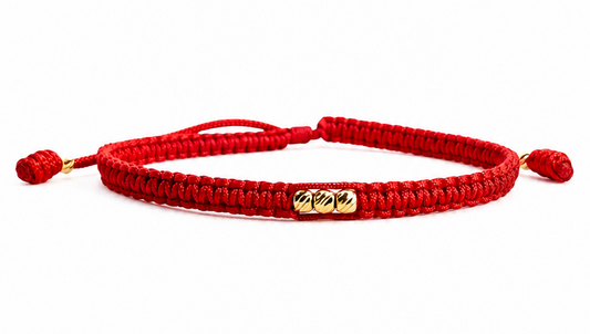 18K Solid Gold Diamond-Cut Triple Bead Bracelet | Macramé Cord | Good Luck Bracelet | Handmade in Miami, Florida