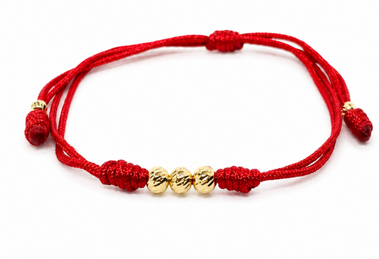 18K Solid Gold Diamond-Cut Triple Bead Bracelet, 4mm | Double Red String Cord | Good Luck Bracelet | Handmade in Miami, Florida