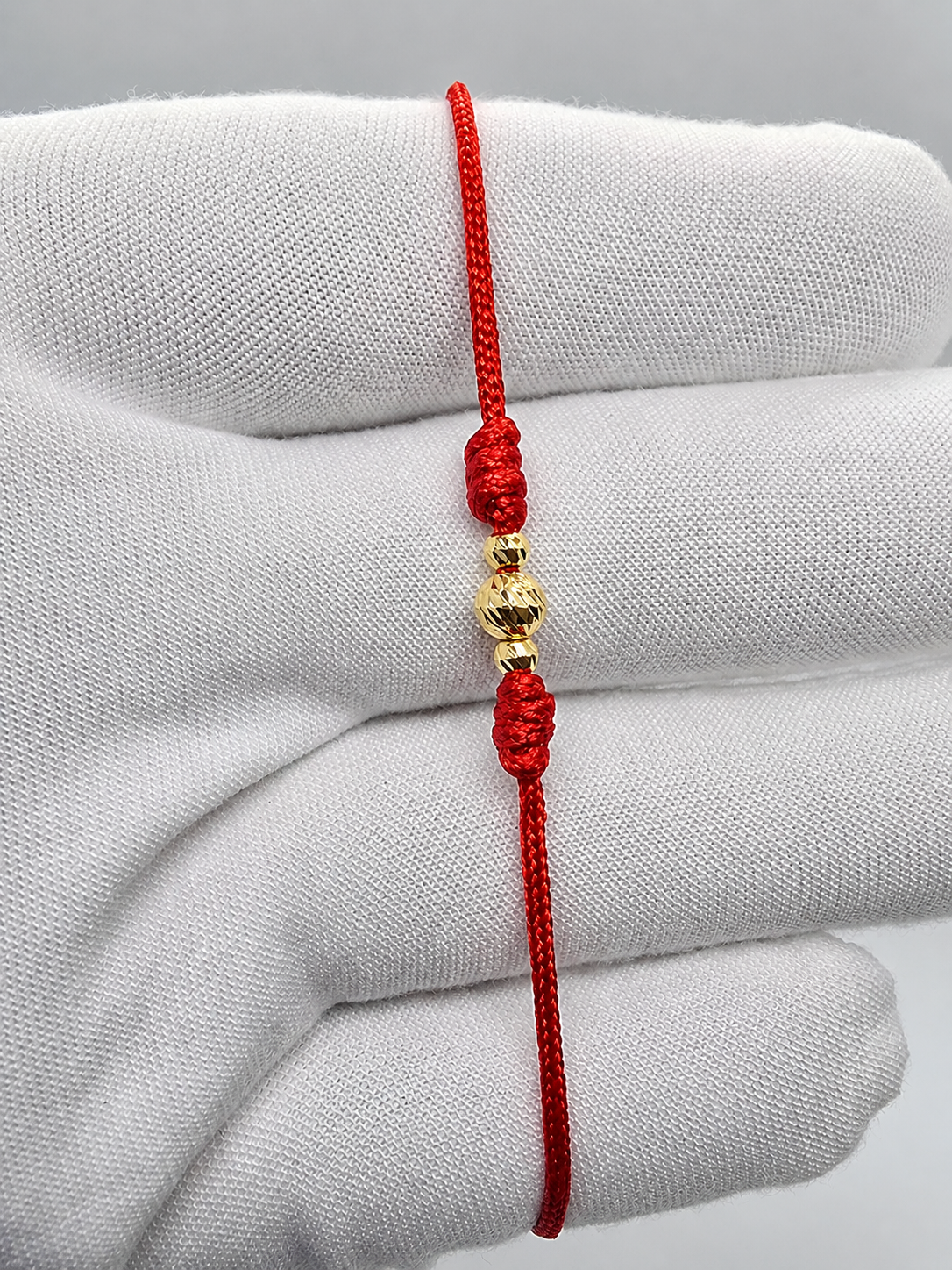 18K Solid Gold Diamond-Cut Triple Bead Bracelet, 5mm | Macramé Cord | Good Luck Bracelet | Handmade in Miami, Florida