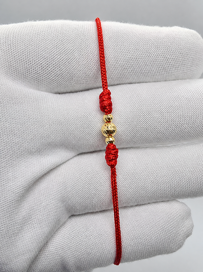 18K Solid Gold Diamond-Cut Triple Bead Bracelet, 5mm | Macramé Cord | Good Luck Bracelet | Handmade in Miami, Florida