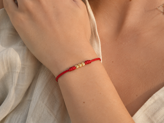 18K Solid Gold Diamond-Cut Triple Bead Bracelet, 4mm | Red String Cord | Good Luck Bracelet | Handmade in Miami, Florida