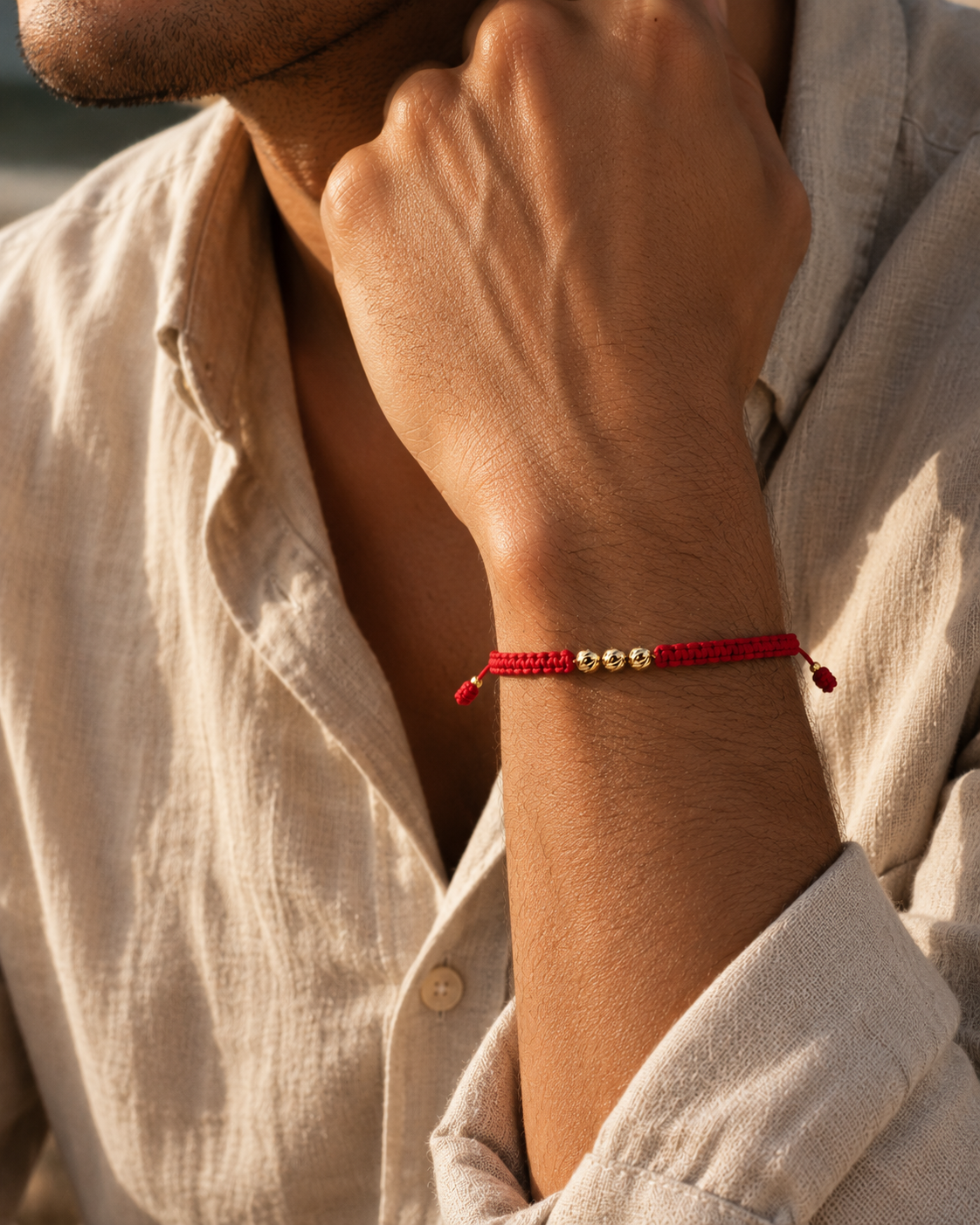 18K Solid Gold Diamond-Cut Triple Bead Bracelet, 4mm | Macramé Cord | Good Luck Bracelet | Handmade in Miami, Florida