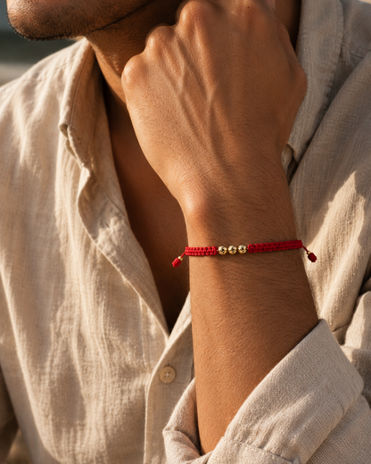 18K Solid Gold Diamond-Cut Triple Bead Bracelet, 4mm | Macramé Cord | Good Luck Bracelet | Handmade in Miami, Florida