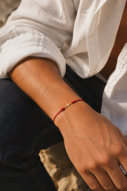 18K Solid Gold Cross Bracelet | Double Red String Cord | Protection Bracelet | Handmade in Miami, Florida