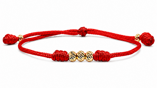 18K Solid Gold Diamond-Cut Triple Bead Bracelet, 4mm | Red String Cord | Good Luck Bracelet | Handmade in Miami, Florida