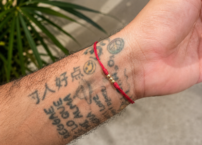 18K Solid Gold Diamond-Cut Triple Bead Bracelet | Double Red String Cord | Good Luck Bracelet | Handmade in Miami, Florida