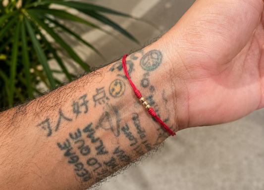 18K Solid Gold Diamond-Cut Triple Bead Bracelet | Double Red String Cord | Good Luck Bracelet | Handmade in Miami, Florida