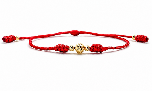 18K Solid Gold Diamond-Cut Triple Bead Bracelet, 5mm | Macramé Cord | Good Luck Bracelet | Handmade in Miami, Florida