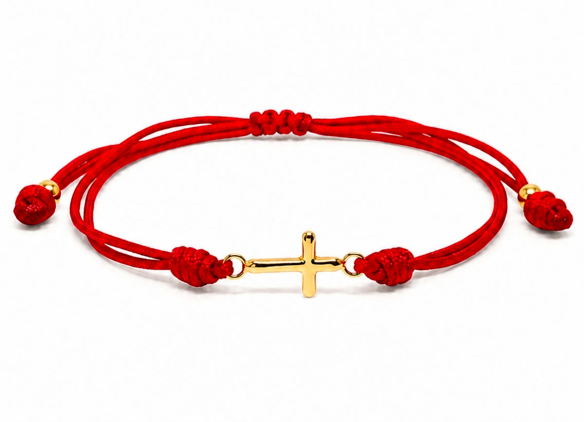 18K Solid Gold Cross Bracelet |Double Red String Cord| Handmade in Miami, FL