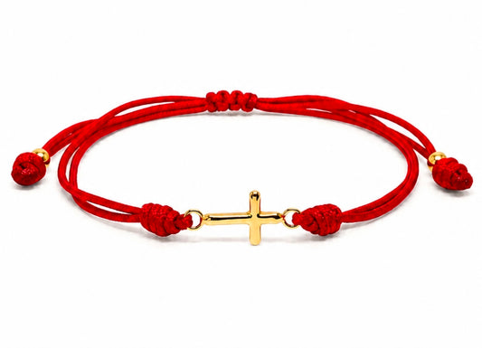 18K Solid Gold Cross Bracelet |Double Red String Cord| Handmade in Miami, FL