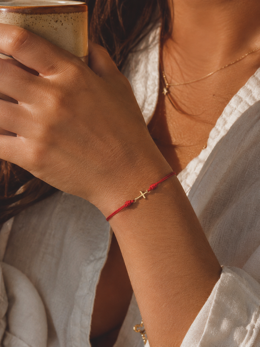 18K Solid Gold Cross Bracelet | Double Red String Cord | Protection Bracelet | Handmade in Miami, Florida