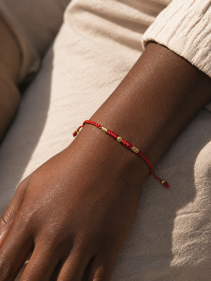 18K Solid Gold Diamond-Cut Bead & Tube Bracelet, 4mm | Braided Red Cord | Good Luck Bracelet | Handmade in Miami, Florida