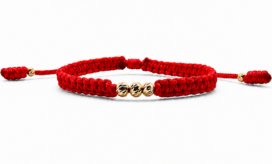 18K Solid Gold Diamond-Cut Triple Bead Bracelet, 4mm | Macramé Cord | Good Luck Bracelet | Handmade in Miami, Florida