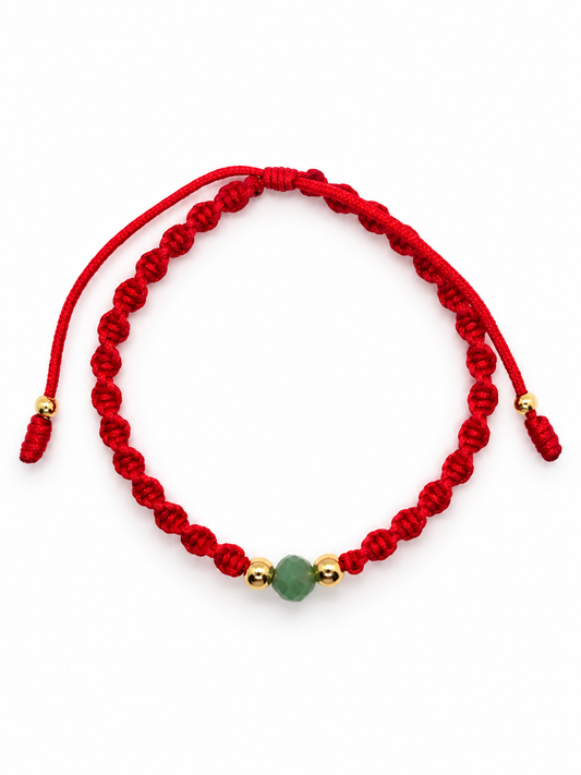 18K Solid Gold × Raw Emerald Bracelet, Smooth Gold Beads | One of One | Spiral Macramé Red Cord | Handmade in Miami, FL