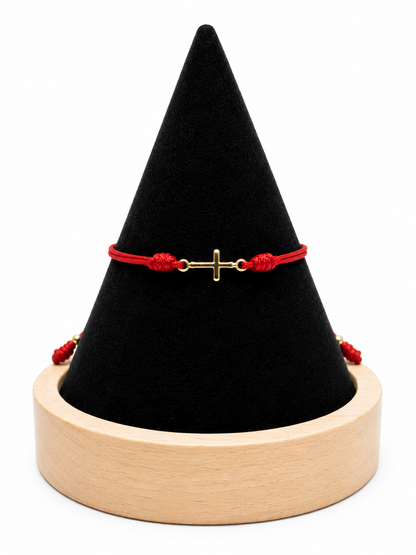 18K Solid Gold Cross Bracelet | Double Red String Cord | Protection Bracelet | Handmade in Miami, Florida