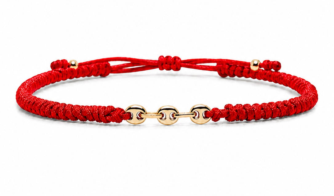 18K Solid Gold Mariner Link Bracelet | Snake Weave Red Cord | Good Luck Bracelet | Handmade in Miami, Florida