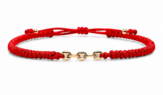 18K Solid Gold Mariner Link Bracelet | Snake Weave Red Cord | Good Luck Bracelet | Handmade in Miami, Florida