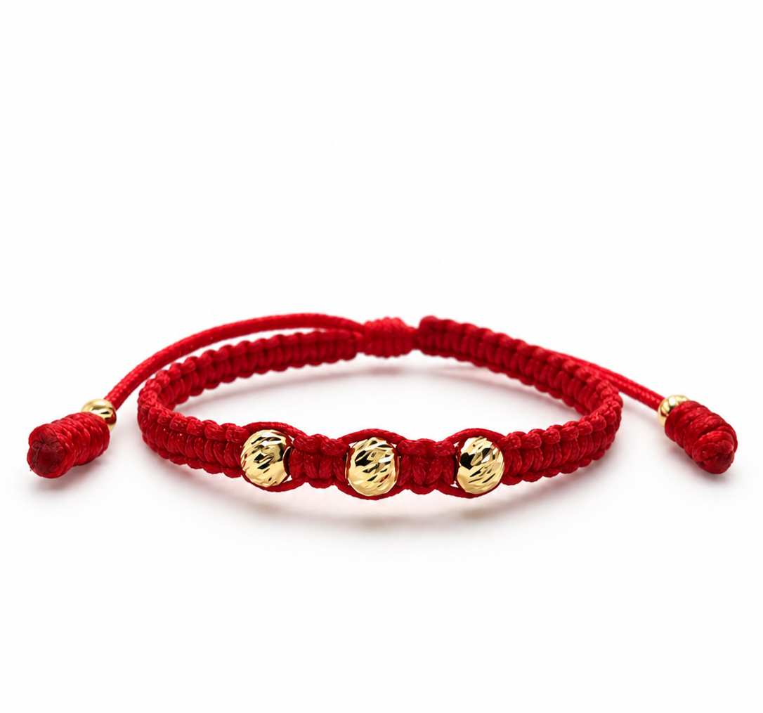 18K Solid Gold Diamond-Cut Triple Bead Baby Bracelet | Macramé Red Cord | Handmade in Miami, FL