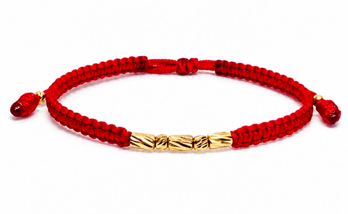 18K Solid Gold Diamond-Cut Bead & Tube Bracelet | Macramé Red Cord | Handmade in Miami, FL
