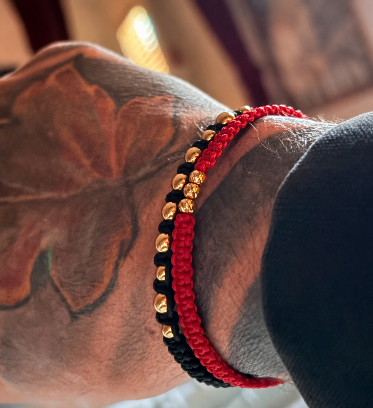18K Solid Gold Diamond-Cut Triple Bead Bracelet, 4mm | Macramé Cord | Good Luck Bracelet | Handmade in Miami, Florida