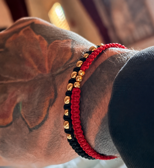 18K Solid Gold Diamond-Cut Triple Bead Bracelet, 4mm | Macramé Cord | Good Luck Bracelet | Handmade in Miami, Florida