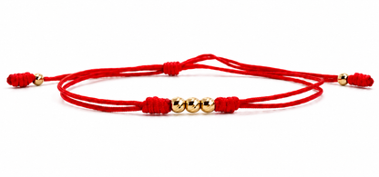 18K Solid Gold Diamond-Cut Triple Bead Bracelet | Double Red String Cord | Good Luck Bracelet | Handmade in Miami, Florida