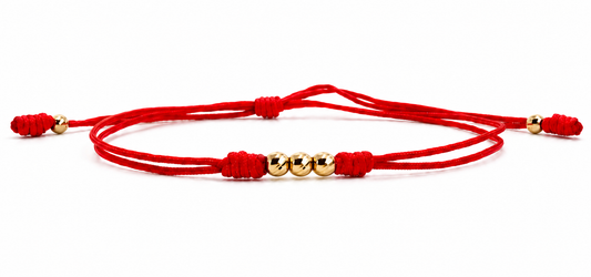 18K Solid Gold Diamond-Cut Triple Bead Bracelet | Double Red String Cord | Good Luck Bracelet | Handmade in Miami, Florida