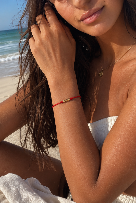 18K Solid Gold Smooth Bead Bracelet, 4mm | Red String Cord | Minimalist Bracelet | Handmade in Miami, Florida