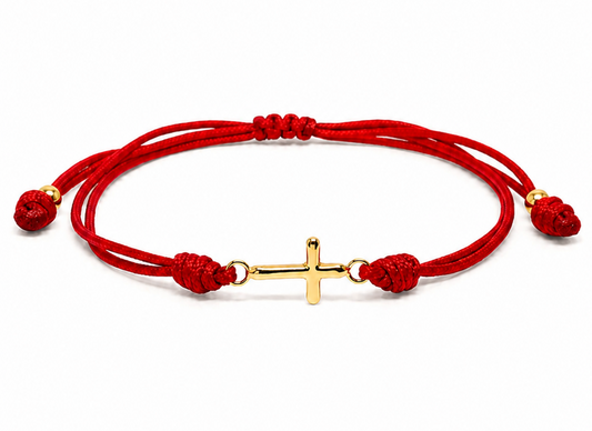 18K Solid Gold Cross Bracelet | Double Red String Cord | Protection Bracelet | Handmade in Miami, Florida
