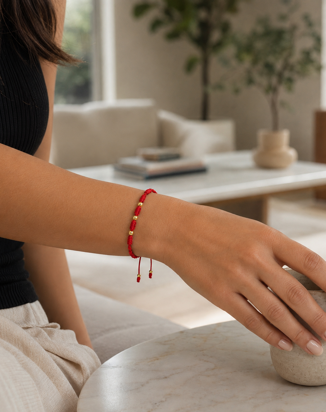 18K Solid Gold Smooth Triple Bead Bracelet, 4mm | Braided Red Cord | Minimalist Bracelet | Handmade in Miami, Florida